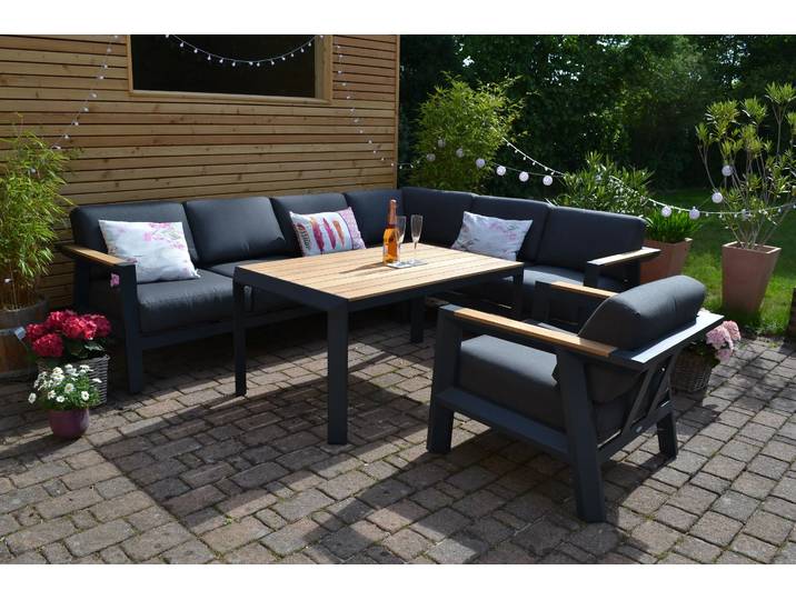 Alexia Teak Ecklounge (290cm x 228) + Teak-Tisch 160x90cm + 1 Lounge Sessel