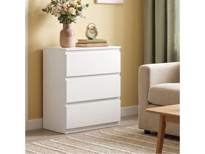 ULEVR Commode blanche 3 tiroirs sans poignées finition mate 75 x 55 x 34 cm chambre