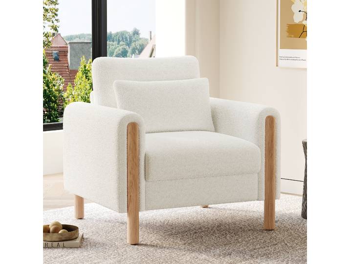 Fauteuil 87x83x88\,5 Cm Blanc\, Assise 1 Place\, Tissu Peluche Et Structure En Bois Meubliv
