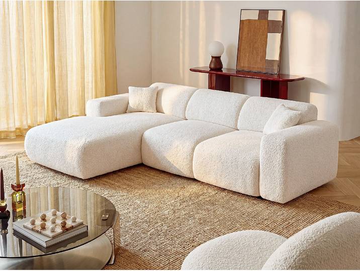 Großes Ecksofa mit Schlaffunktion – Ecke links – Bouclé-Stoff – Weiß – POGNI von Maison Céphy