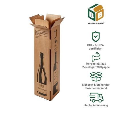 BB-Verpackungen 10 x Flaschenversandkarton für eine Flasche Wein/ Sekt (105 x 105 x 420 mm) PTZ-Zulassung für DHL und UPS