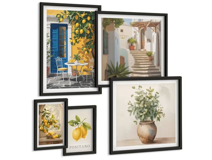 BILDER SET 5er Set - 50x50 cm & 20x30 cm & 40x60 cm Schwarzer Rahmen - Anker, Boot, Ruder, Strand