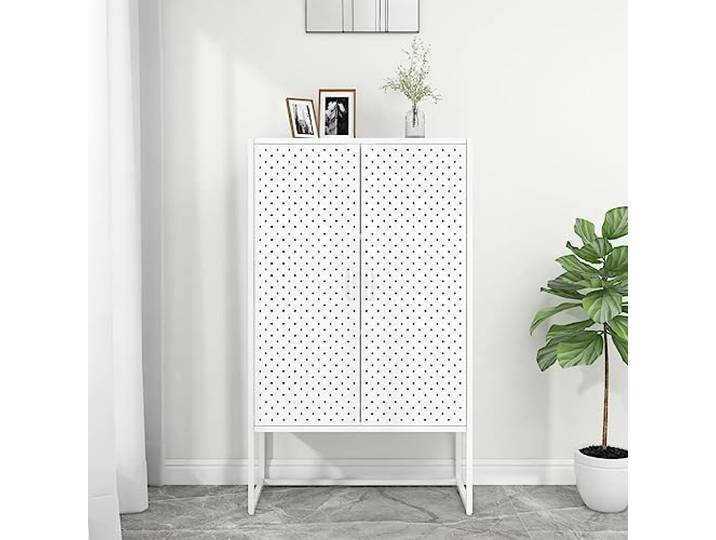 RJPLMFV Anrichte hoch, weiß, 80 x 35 x 135 cm, Stahl 2 Türen, Einlegeböden, verstellbare Ebenen, ideal für Bücher und Dekoration