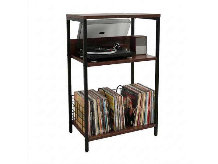 Relaxdays Regal Vintagebraun Plattenspieler Schallplatten 3 Ebenen, Mehrfarbig, Holzwerkstoff, Metall, 40x65x30 cm, Wohnzimmer, Regal