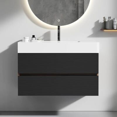 GDFStudio - Grace Mid-Century Contemporary Floating Bathroom Vanity with Solid Surface Sink and Soft-Close Storage