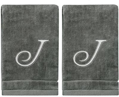 Creative Labs Soft Velour Silver Monogrammed Towels Fingertip - Set of 2
