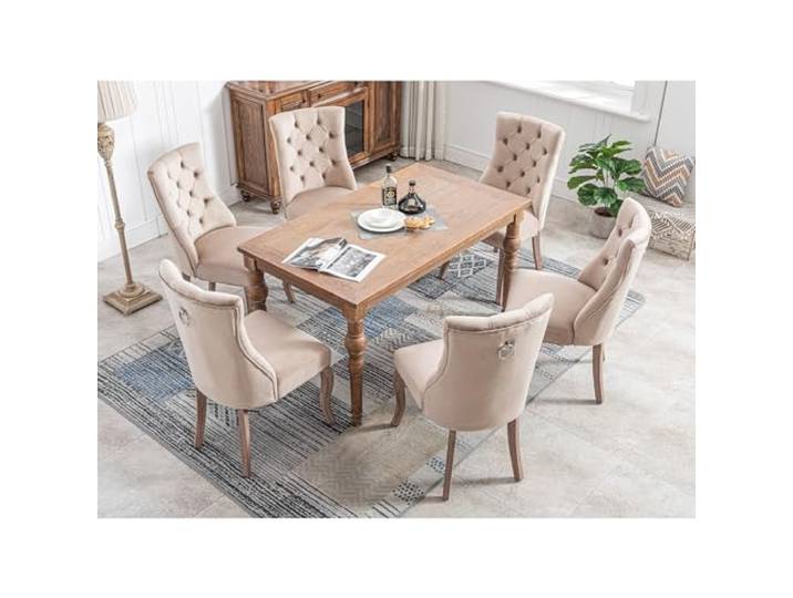 Aunvla 4-Fußstuhl, Stuhl Beige Samt Esszimmerstuhl,hohe Rückenlehne, mit Knopfsteppung, Gestell aus Massivholz, Beige(Set, 6 St)