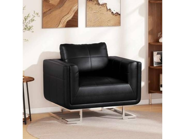 YUTAASU Cube Chair Black Faux Leather with Chrome Legs Wood Frame, 19% Real Leather Blend, Ergonomic Design, Armrests, Cushion Included