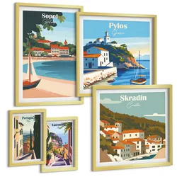 BILDER SET 5er Set - 50x50 cm & 20x30 cm & 40x60 cm Goldrahmen - Retro-Landschaften im malerischen Stil