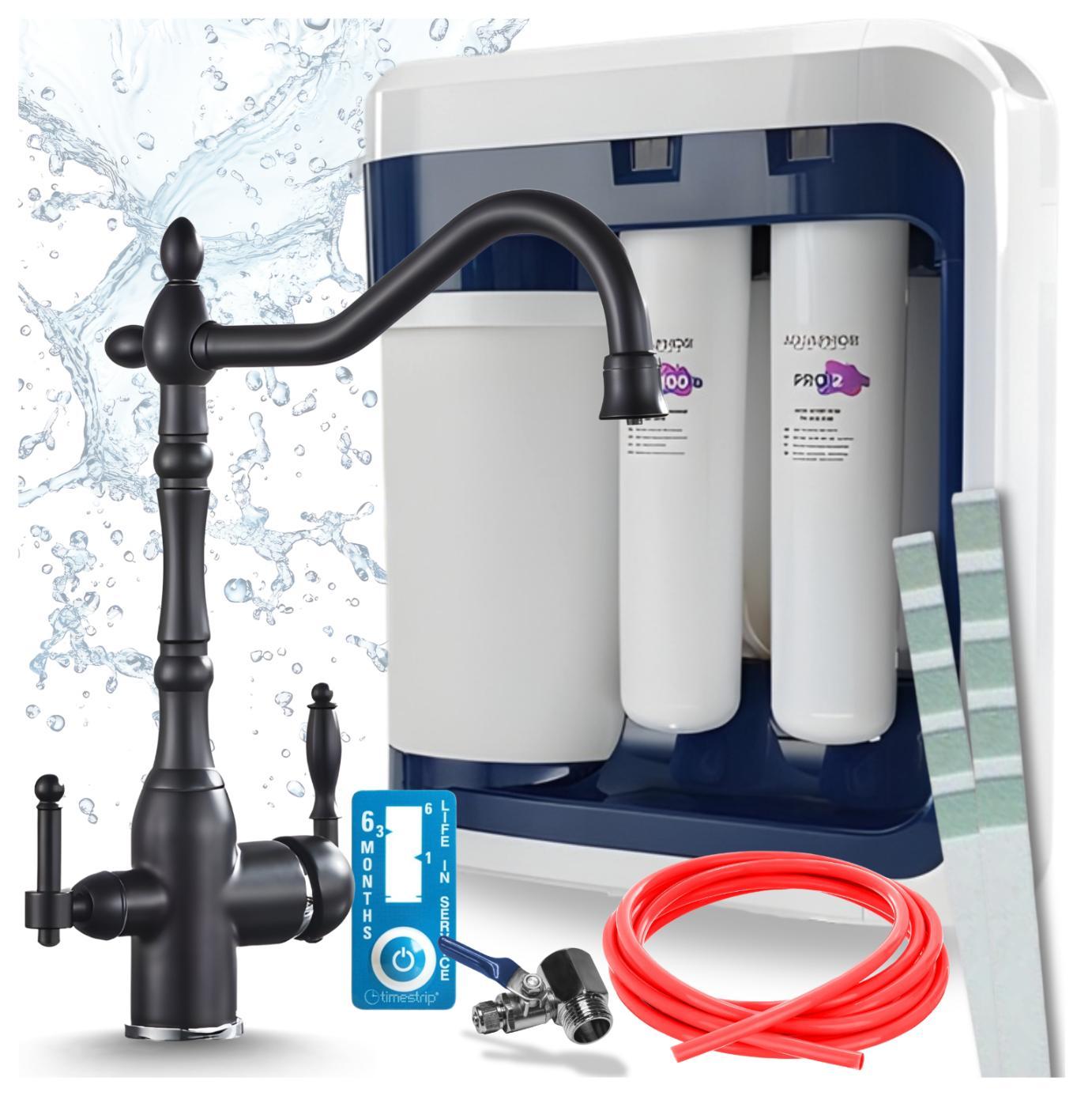 Aquaphor Ro-202S Pro Umkehrosmoseanlage Mit Ari Retro 2 3-Wege-Küchenarmatur Schwarz, 5 L Tank, Wasserfilteranlage Mit Pumpe Und Tds-Anzeige