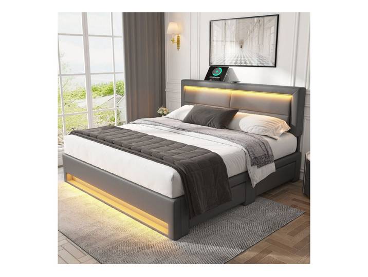 MODFU Polsterbett mit Wireless-Charge-Funktion (ohne Matratze), mit LED-Beleuchtung, USB-Ladeanschlüssen