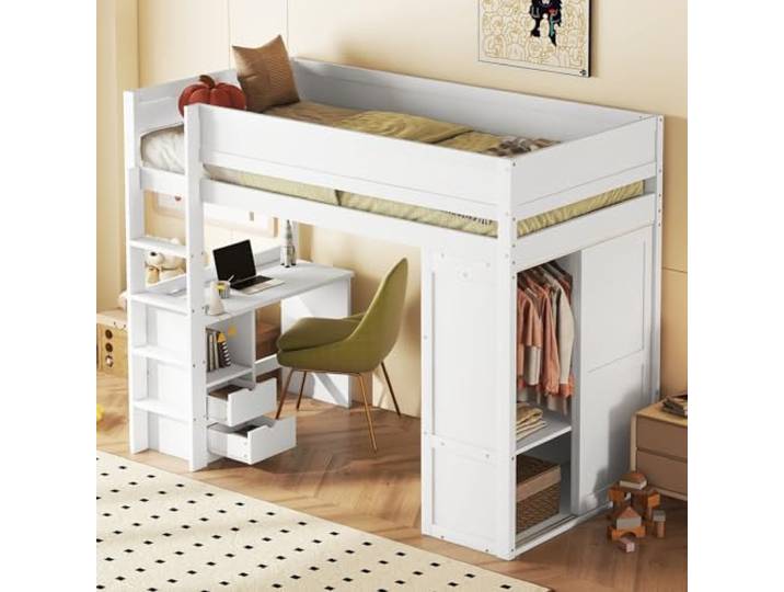 Idemon Hochbett 90×200 cm mit Kleiderschrank & Schreibtisch (weiß, Massivholz, ohne Matratze),Kinderbett mit 2 Schubladen & multifunktionalem Stauraum – Elegantes Design für Lern- und Schlafbereich