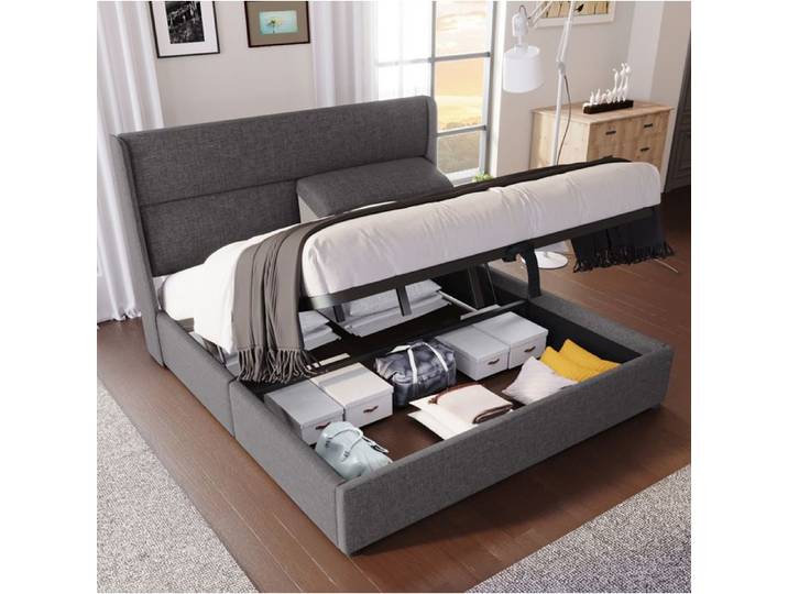 VUENOR Lit coffre 160x200 cm gris – têtière réglable rangement sans matelas
