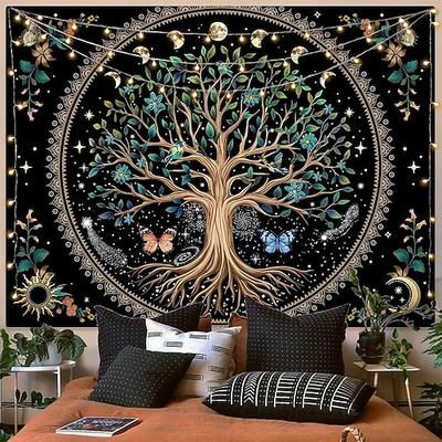 Wandteppich mit himmlischem Lebensbaum, Mondphasen, Schmetterling, Sonne und Mond, Mandala, ästhetische Wanddekoration für Schlafzimmer, Wohnzimmer, Innenraumgestaltung