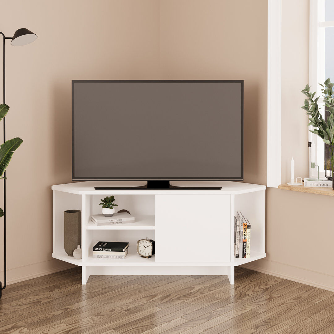 Bimossa Teo Corner TV Stand – Space-Saving TV Unit for 43–48'' TVs, Compact Media Console with Open Shelves & Cabinet, Ready to Assemble, Available in 7 Colou White 42"