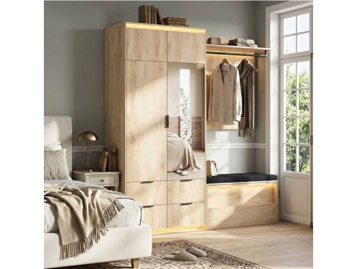 VUENOR Ensemble vestiaire d'entrée 180 x 47 x 200 cm avec miroir banc rembourré et LED