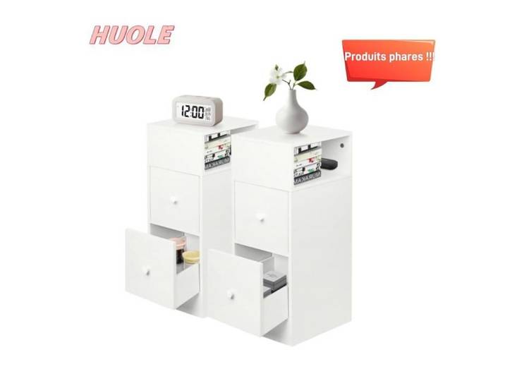 Table de chevet deux tiroirs (lot de 2) 25*30*66cm Rangement pratique blanc chaud.