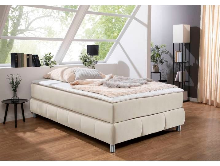Boxspringbett, Samtoptik, Beige, 126×206 cm, Ohne Kopfteil, 7-Zonen-Tonnentaschenmatratze, Modern, andas