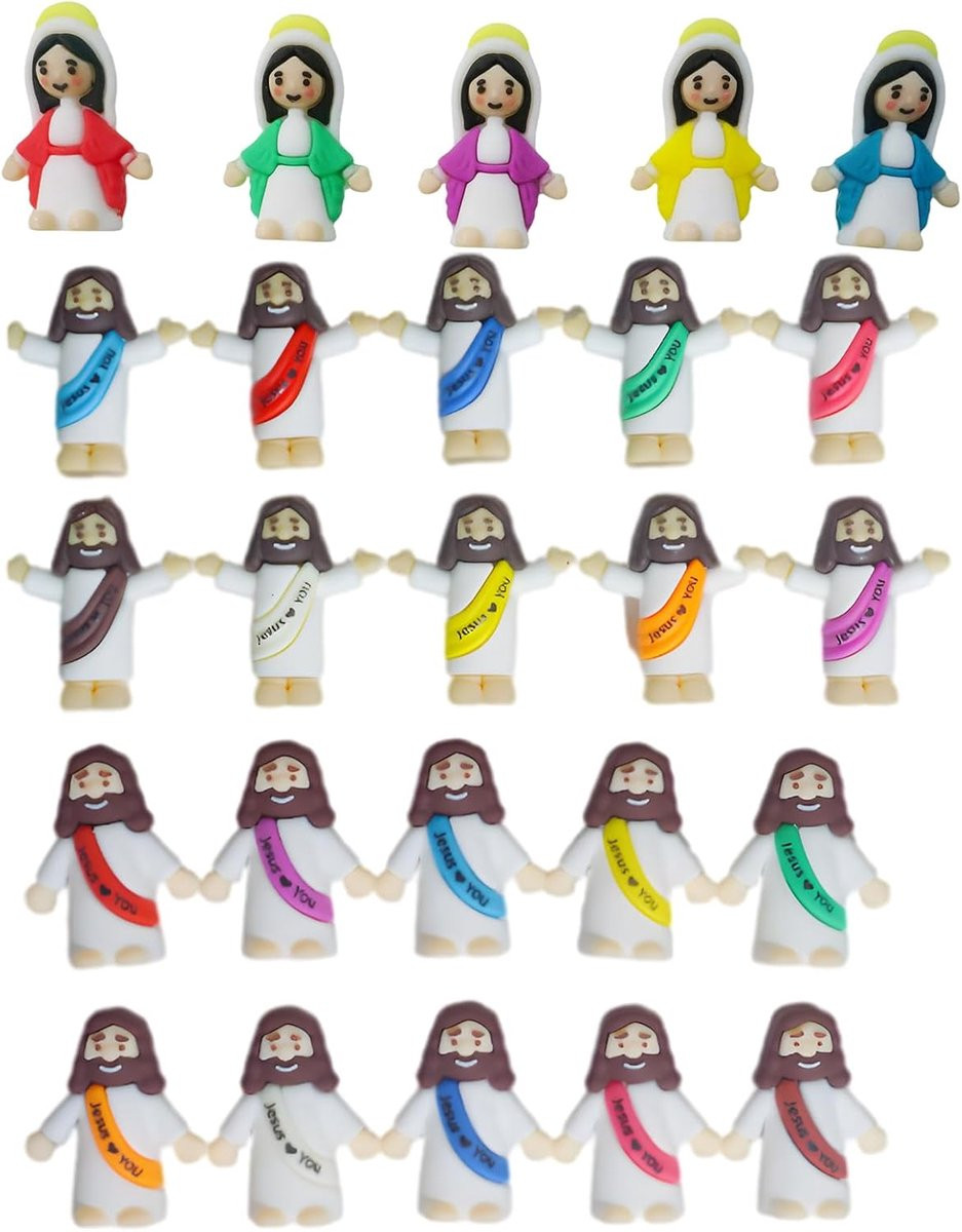 Set van 25 multicolor religieuze mini beeldjes voor christelijke decoratie