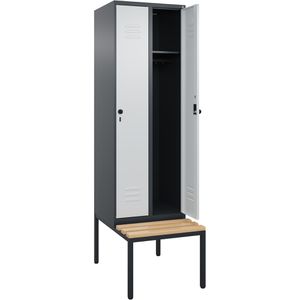 CP-Möbel Spind Classic PLUS, lichtgrau, 2 Abteile, 60 x 212 cm, mit Sitzbank & Drehriegelschloss