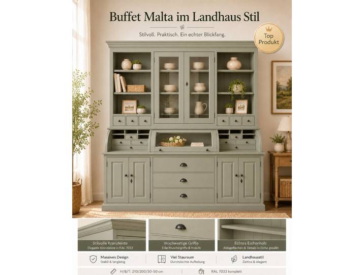 Wohnpalast Buffet Landhaus Buffet Schrank Malta Ladenschrank Zementgrau 200 cm
