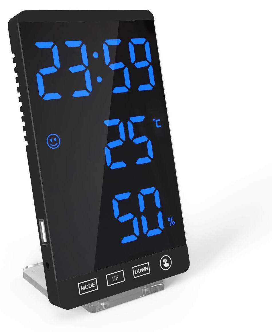 Dripio LED-spiegelwekker met digitale klok en temperatuurweergave, zwart