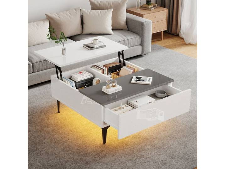 Table Basse Table Basse Moderne Réglable en Hauteur avec Tiroirs de Rangement et Éclairage LED Blanche Haute Brillance 70x70x35cm