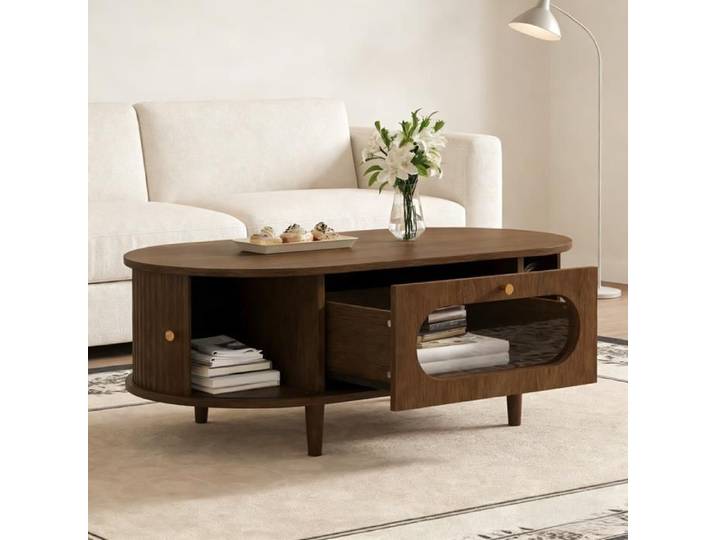 Table basse - MINIMAL HOME - 100x50x36 cm noyer tiroir porte coulissante 4 pieds
