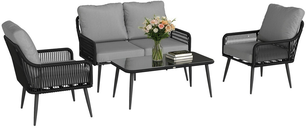 Outsunny 4 Seater Rattan Garden Furniture Set with Wide Seats Black Grey 4