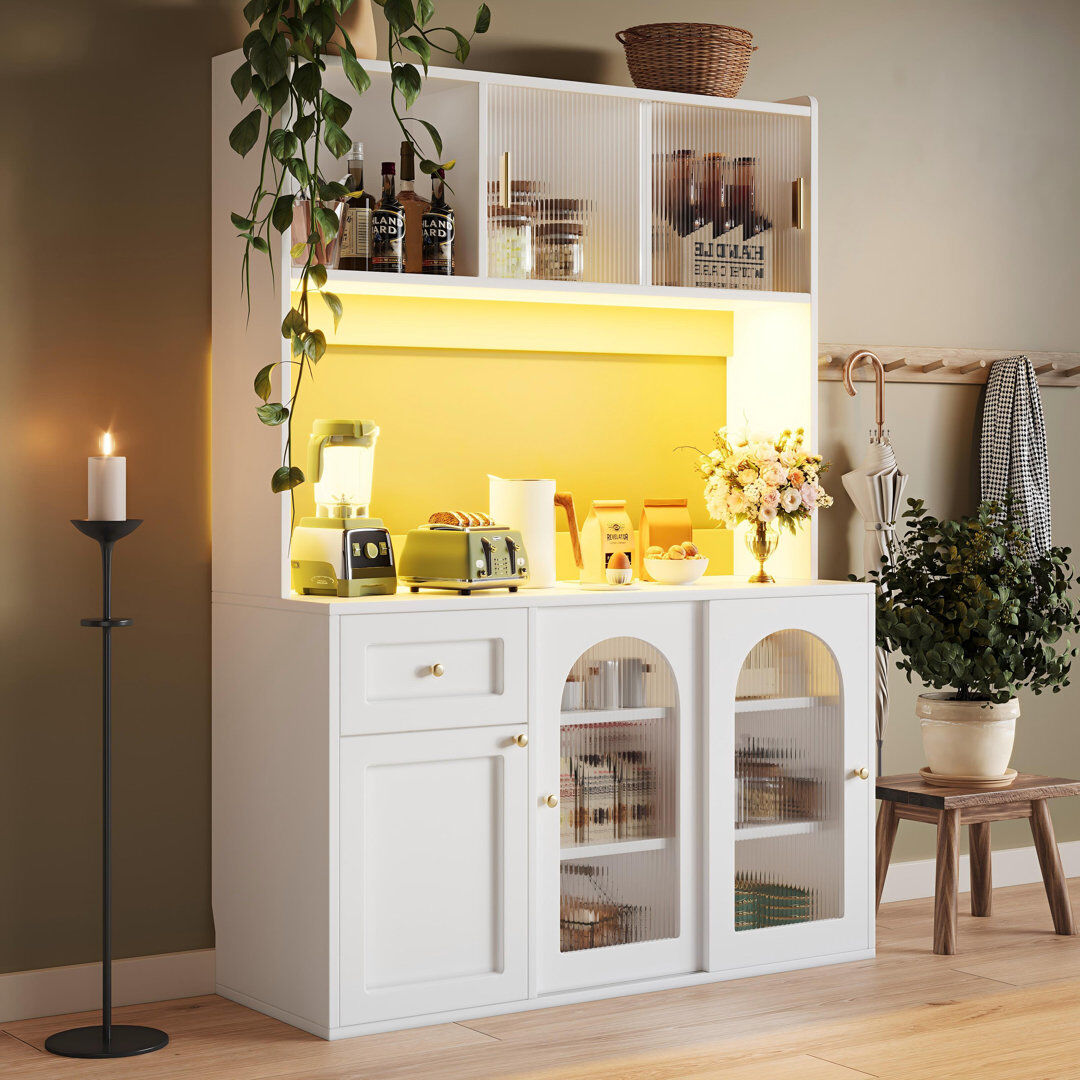 LIFE CARVER Kitchen Cabinet With Led, 5 Doors And 1 Drawer White Natural 120cm W X 167cm H X 35cm D