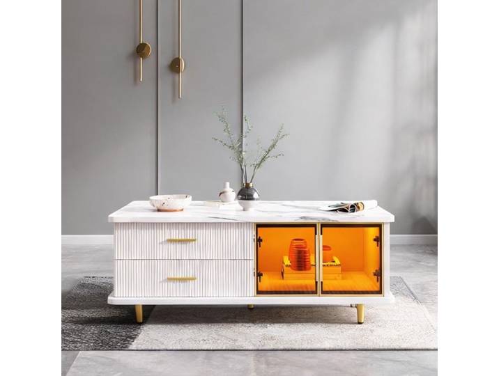 Table basse blanc classique avec LED plateau imitation marbre portes verre trempé et tiroirs - White Particle Board Ref AMHN73