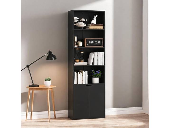 Bibliothèque 4 niches et placard 2 portes en panneau de particules noir 59x29x180 cm