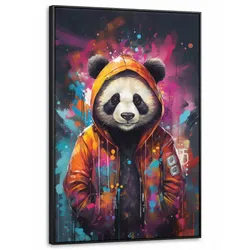 LEINWAND Bilder mit Rahmen - Panda - Jacke - Graffiti - Orange - 90x140