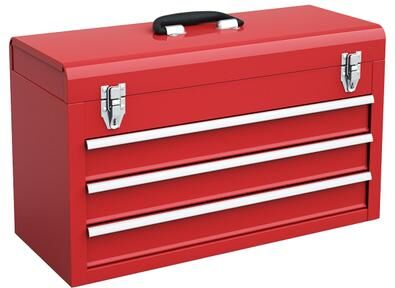Portable metal heavy-duty toolbox w/ 3 drawers designed to be lockable