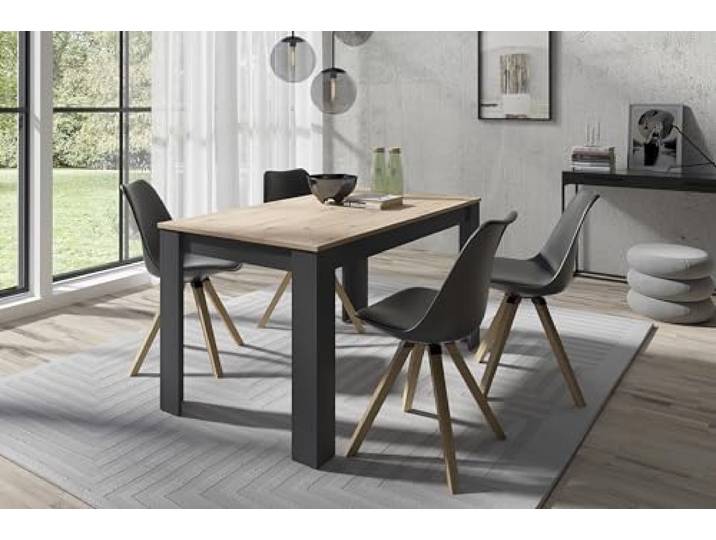 byLIVING Essgruppe KIRA + NORI, Tisch 140 cm, Artisan Eiche, Anthrazit Esszimmerstuhl Kunstleder schwarz, Metallgestell Eiche-Optik, Esstisch, Küchentisch