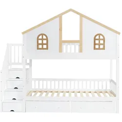OKWISH Etagenbett aus Kiefer, MDF und Sperrholz in Weiß/Natur, 253x95x222 cm, mit Stauraum