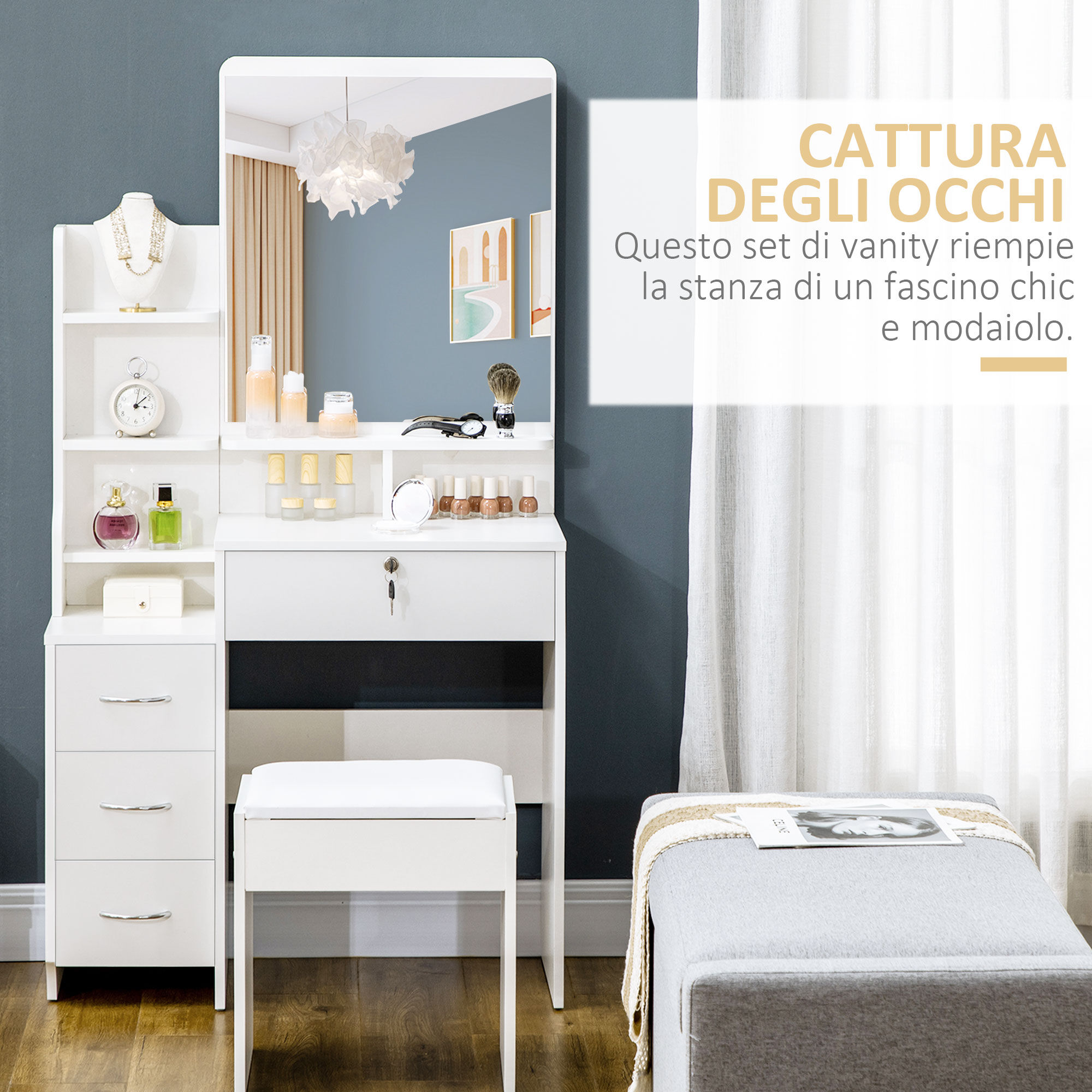 Altro Toeletta Da Trucco Con Specchio, Tavolo Da Trucco, Sgabello, 4 Cassetti E 4 Ripiani, Bianco