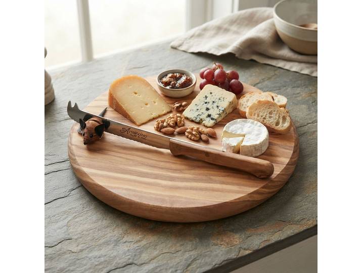 Rundes Holzbrett mit Maus und Messer, 22 cm, Olivenholz