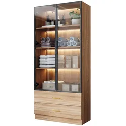 Badezimmerschrank mit Lichtleiste 75x40x190 cm, 2 großen Schubladen und 2 Türen, Glasfront, modernes Design, braun