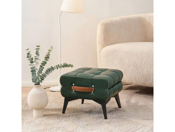 Pouf rectangulaire en simili cuir vert riche et bois portable avec poignée pour salon et chambre