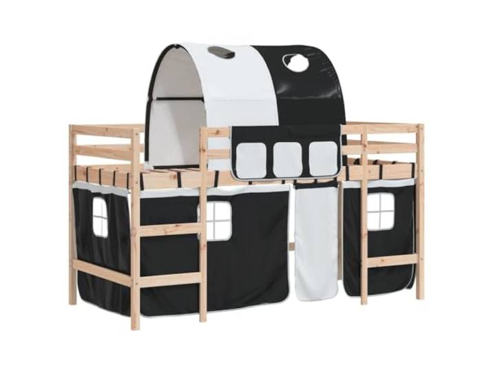 PUGYNBK Hochbett für Kinder, Kiefernholz, 80 x 200 cm Weiß, Schwarz, Sicherheitsleiter, Aufbewahrung unten, Wandbefestigung im Lieferumfang enthalten