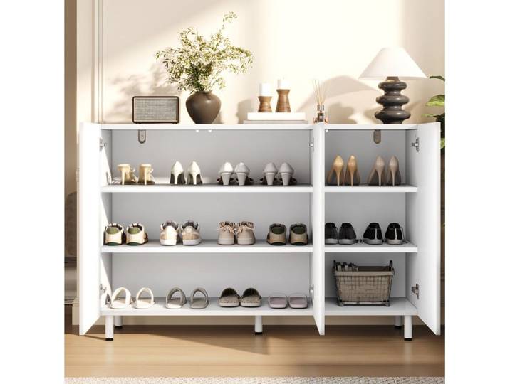 MEUBLIV Meuble à chaussures buffet 3 portes blanc rangement fermé charnières amorties pieds métalliques