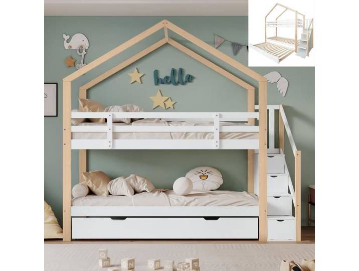Lit superposé enfant Lit cabane - 90x200 cm - 90x190 cm - 4 tiroirs inclus
