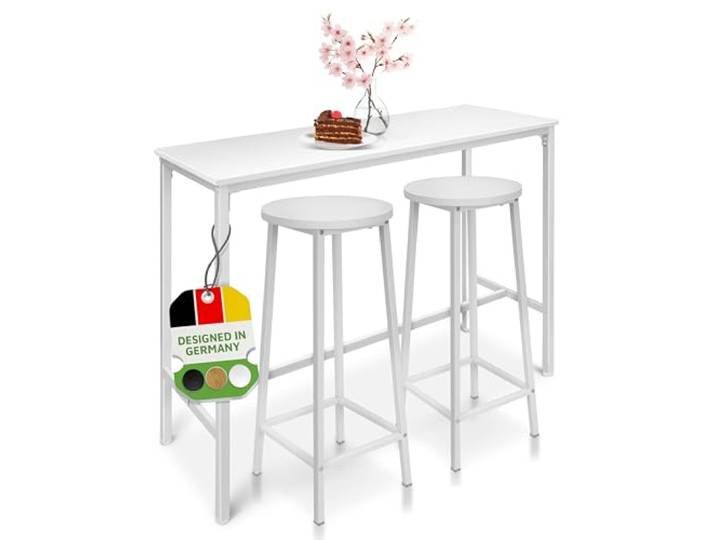 BeFair Bartisch-Set Sven 120x40x100 cm Weiß mit 2 Barhockern Hochtisch-Set mit 2 Barhockern Metallgestell MDF-Platte Platzsparend Industrial Design