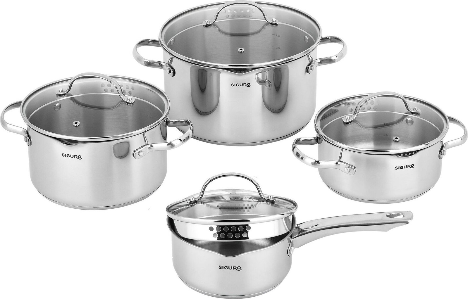 Siguro Sada van 8 Pure Delight kookpannen met slimme deksels