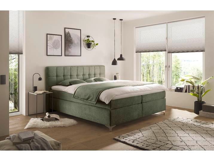Boxspringbett HAPO Neyla erhältlich in den Breiten 100, 160, 180 & 200cm , grün (olive), B:191cm L:200cm, Komplettbetten, Boxspringbett, in verschiedenen Matratzenqualitäten, Härtegraden und Farben verfügbar