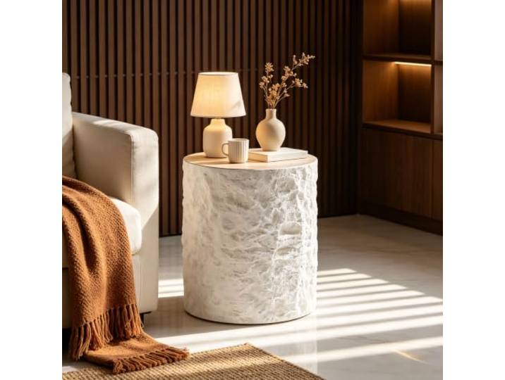 Fiberglass Side Table with Sticker Finish, Natural Stone Texture Round Accent Table for Living Room