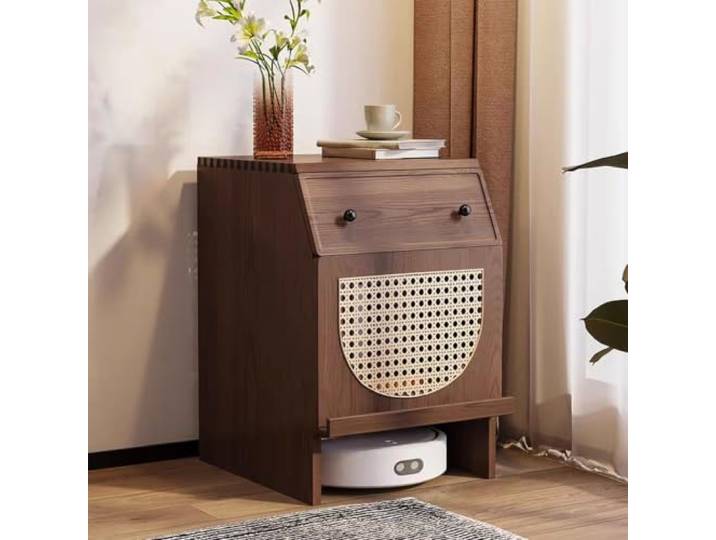 Versteckter Schrank für Saugroboter aus Massivholz,Holz Beistelltisch Roboter Vakuumständer Schrank Versteckte Aufbewahrung Ladestation Multifunktionaler Beistelltisch(Brown,A)