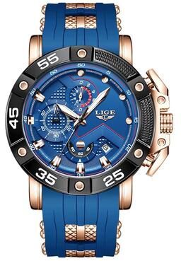 Inspired Finds LIGE Big Dial Military Sport Quartz Watch For Men rose Gold Blue