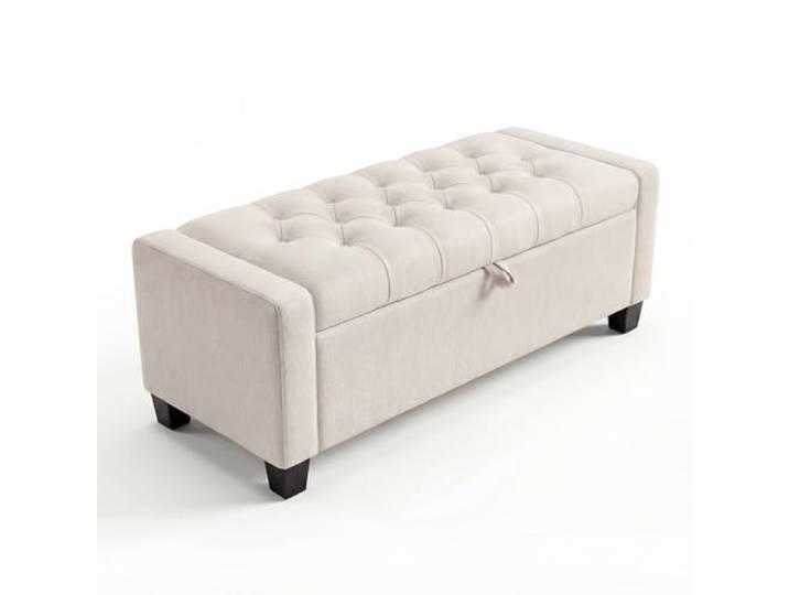 GarveeMore Gepolsterte Aufbewahrungsbank Mit Leinenoptik & Holzbeinen 123x49x42 cm – Stauraumbank für Flur, Schlafzimmer & Wohnzimmer – Grau